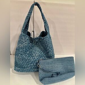 Blue Denim Woven Tote and Clutch Set